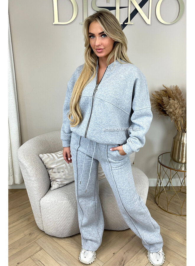 GREY - 'HARPER ZIPPER SET' - PREMIUM QUALITY FLEECE ZIPPER VEST + WIDE LEG JOGGER SET