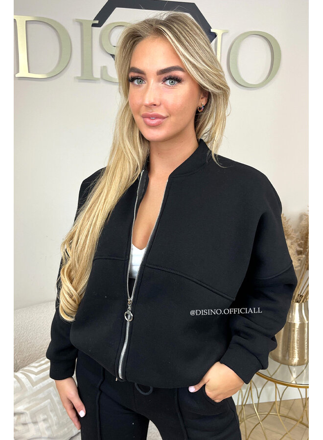 BLACK - 'HARPER ZIPPER SET' - PREMIUM QUALITY FLEECE ZIPPER VEST + WIDE LEG JOGGER SET