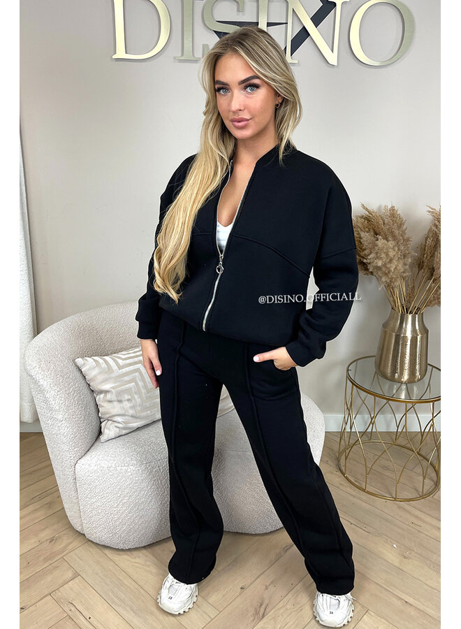 BLACK - 'HARPER ZIPPER SET' - PREMIUM QUALITY FLEECE ZIPPER VEST + WIDE LEG JOGGER SET