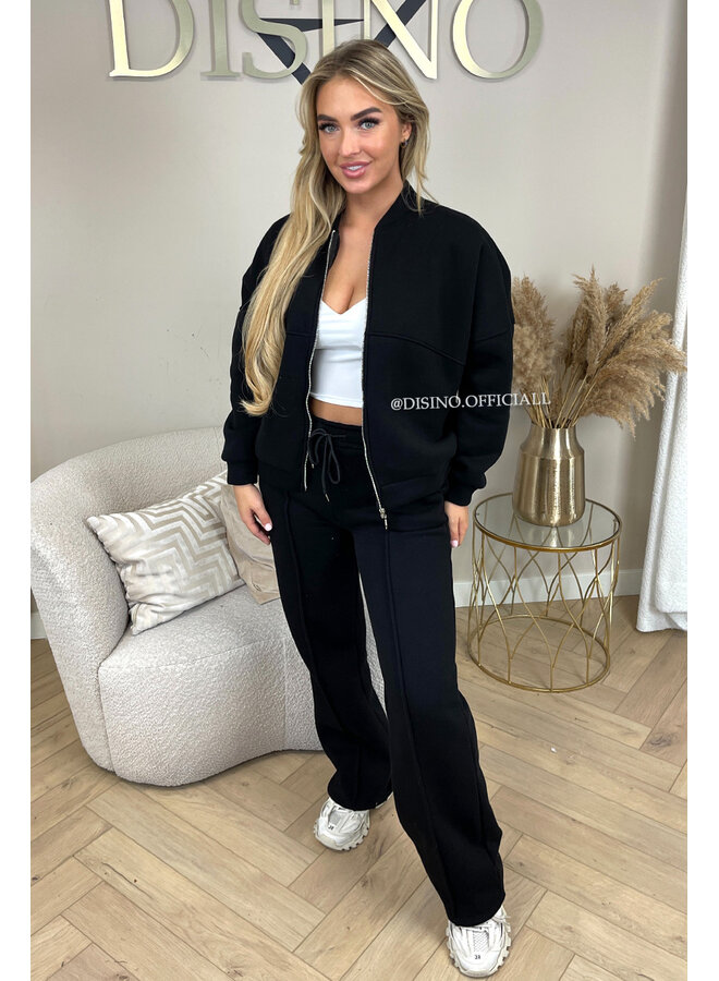 BLACK - 'HARPER ZIPPER SET' - PREMIUM QUALITY FLEECE ZIPPER VEST + WIDE LEG JOGGER SET