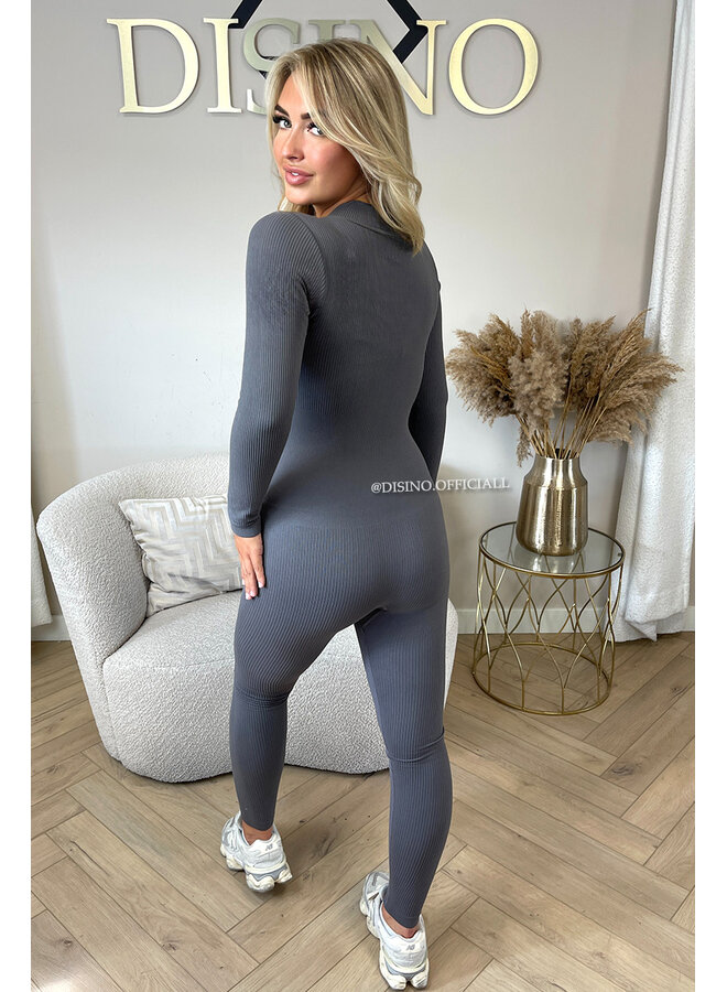 DARK GREY - 'TYRA' - SUPER SHAPING RIBBED ZIPPER SEAMLESS JUMPSUIT
