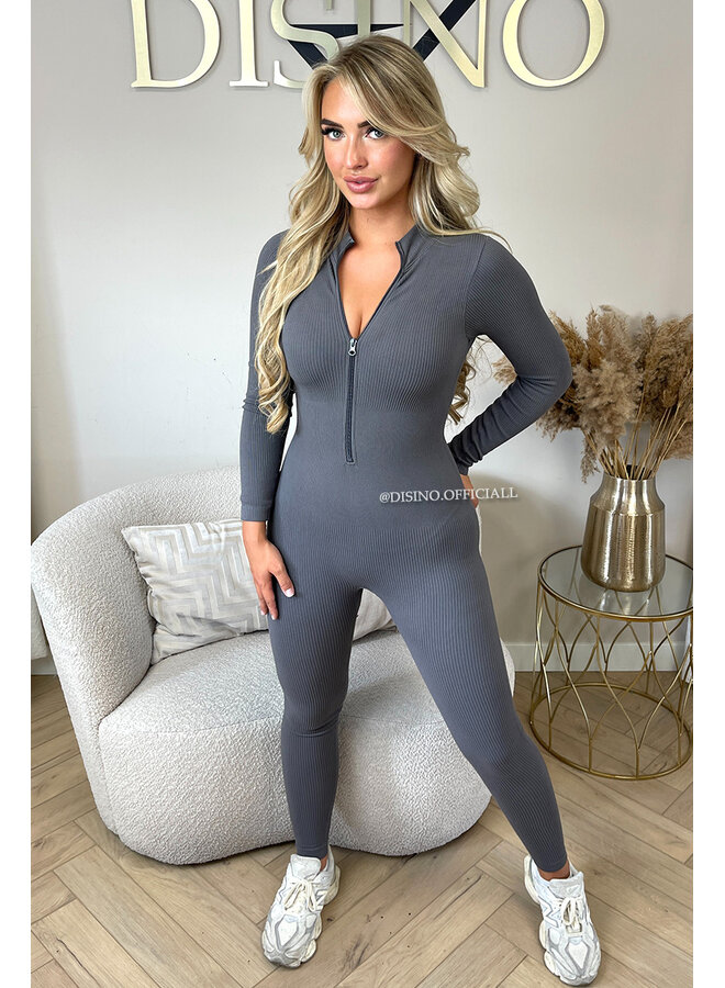 DARK GREY - 'TYRA' - SUPER SHAPING RIBBED ZIPPER SEAMLESS JUMPSUIT