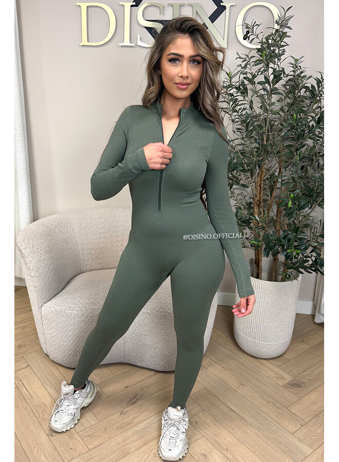 KHAKI GREEN - 'TYRA' - SUPER SHAPING RIBBED ZIPPER JUMPSUIT