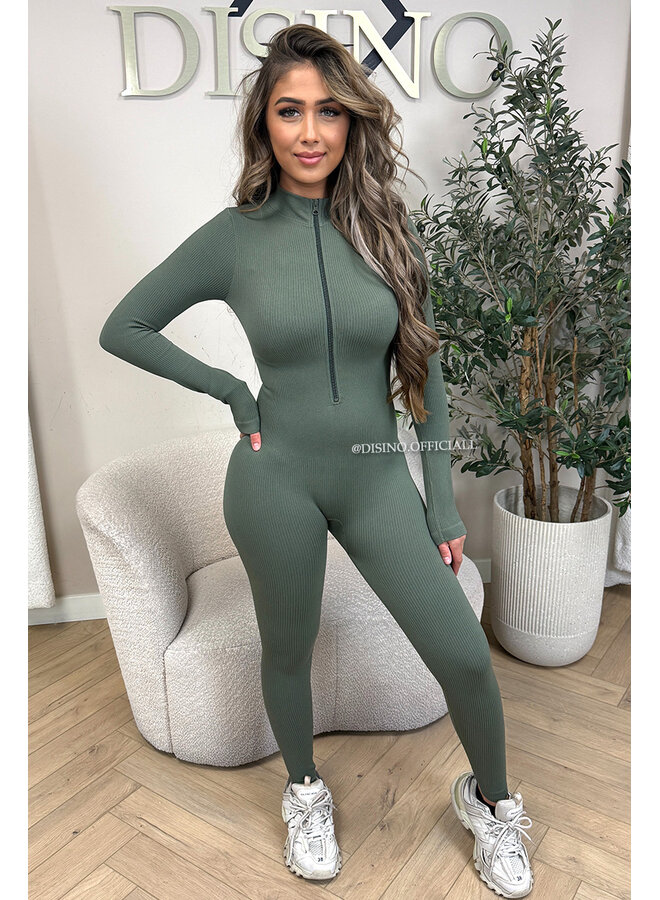 KHAKI GREEN - 'TYRA' - SUPER SHAPING RIBBED ZIPPER JUMPSUIT