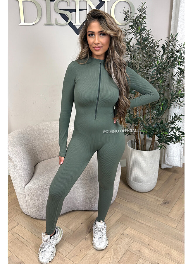 KHAKI GREEN - 'TYRA' - SUPER SHAPING RIBBED ZIPPER JUMPSUIT