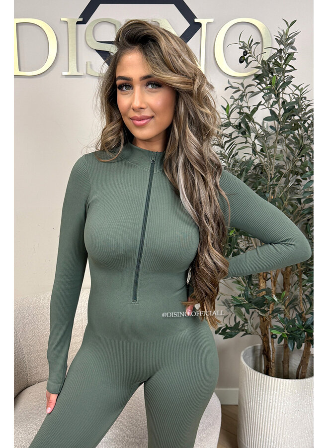 KHAKI GREEN - 'TYRA' - SUPER SHAPING RIBBED ZIPPER JUMPSUIT