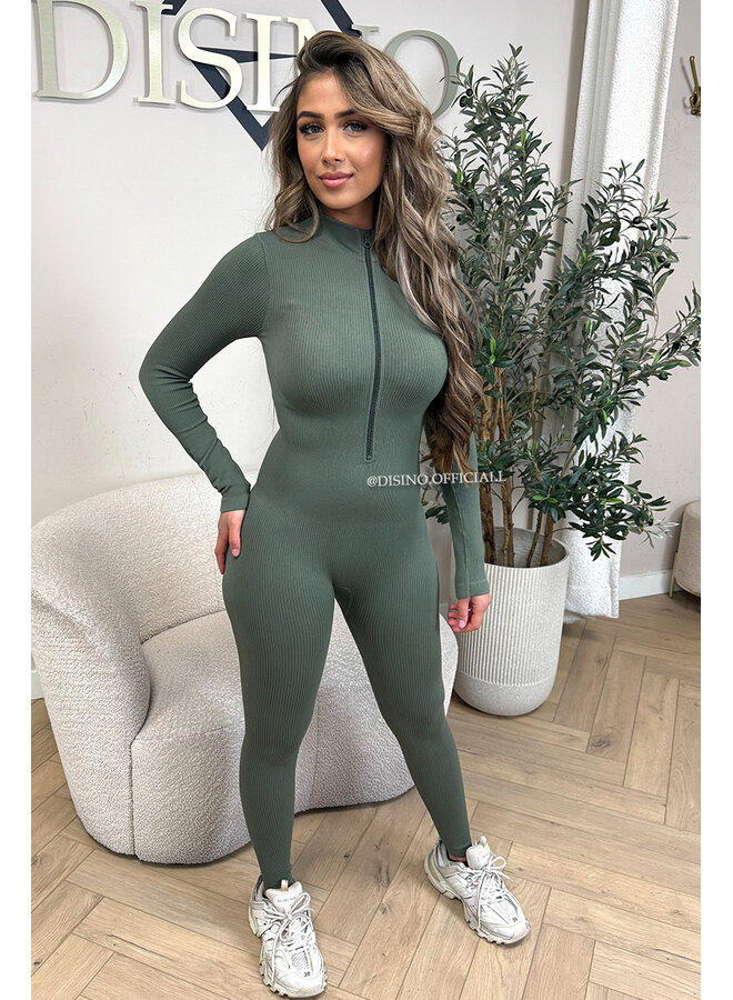 KHAKI GREEN - 'TYRA' - SUPER SHAPING RIBBED ZIPPER JUMPSUIT