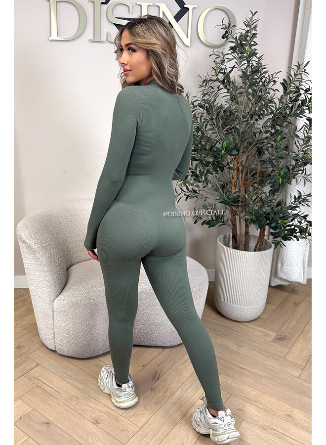 KHAKI GREEN - 'TYRA' - SUPER SHAPING RIBBED ZIPPER JUMPSUIT