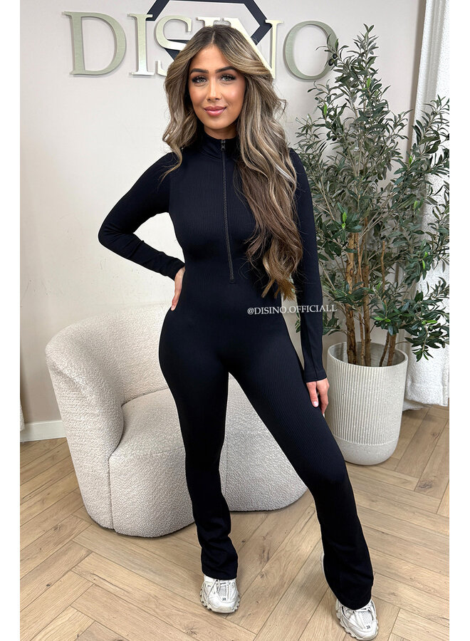 BLACK - 'TYRA FLARE' - SUPER SHAPING RIBBED ZIPPER JUMPSUIT