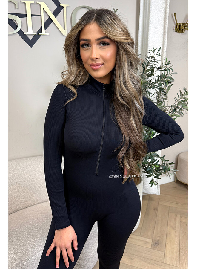 BLACK - 'TYRA FLARE' - SUPER SHAPING RIBBED ZIPPER JUMPSUIT