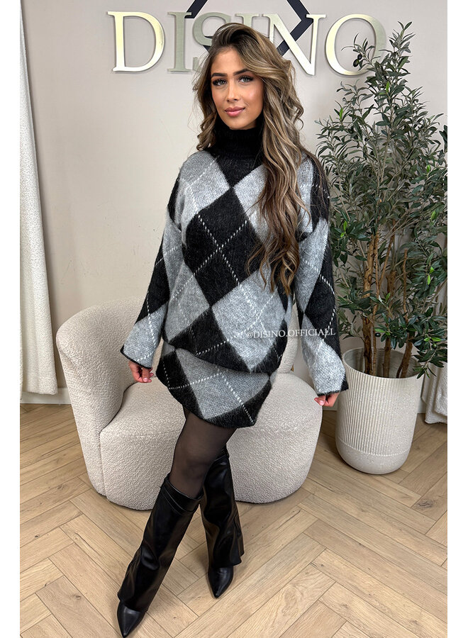 BLACK - 'CELINE SET' - CHECKED KNITTED TOP + SKIRT SET