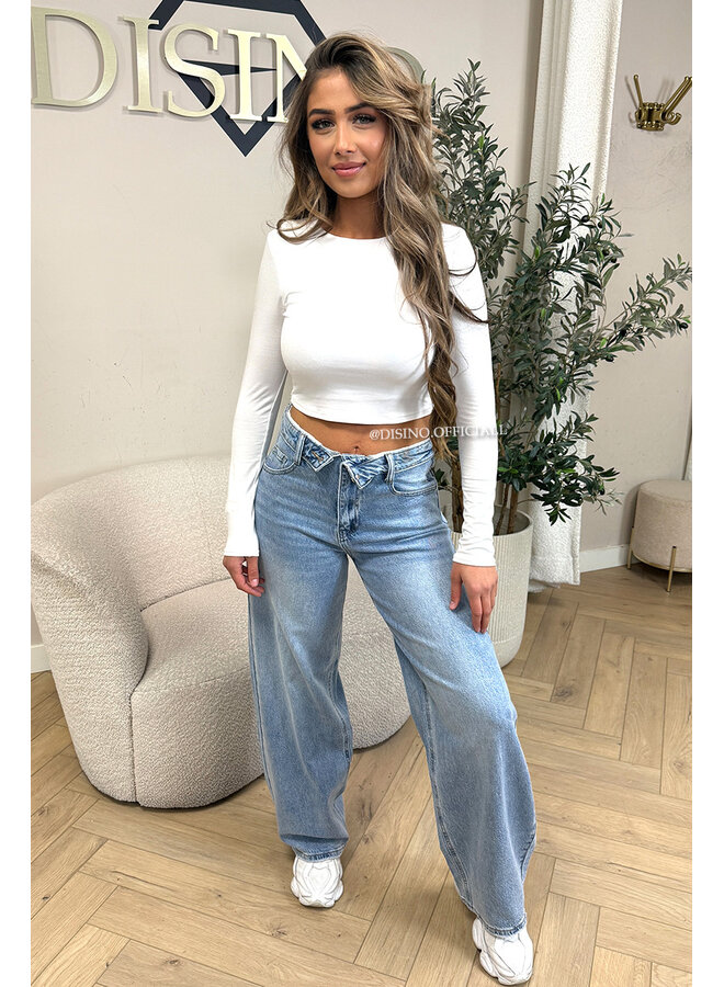 BLUE - 'LAUREN JEANS' - STRETCH FOLDED WAISTBAND WIDE LEG JEANS