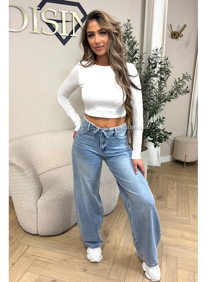 BLUE - 'LAUREN JEANS' - STRETCH FOLDED WAISTBAND WIDE LEG JEANS