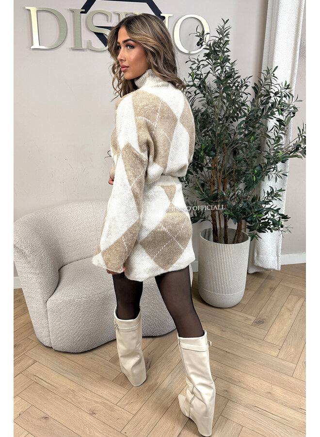 BEIGE - 'CELINE SET' - CHECKED KNITTED TOP + SKIRT SET