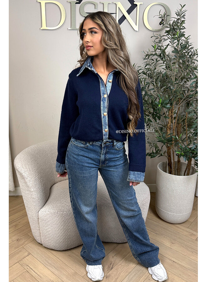 NAVY BLUE - 'NELIA KNIT' - DENIM SLEEVE OVERSIZED KNIT SWEATER