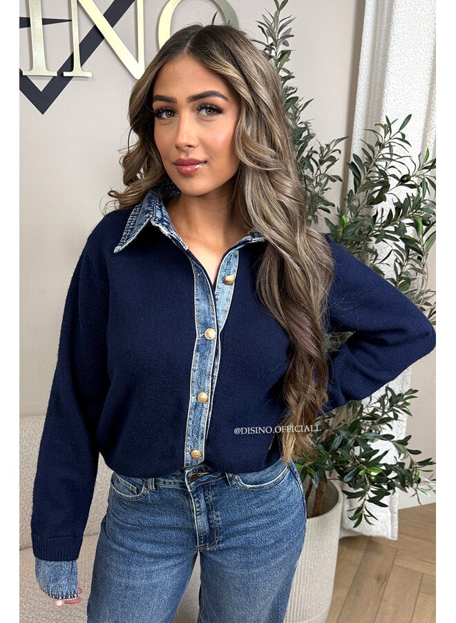 NAVY BLUE - 'NELIA KNIT' - DENIM SLEEVE OVERSIZED KNIT SWEATER