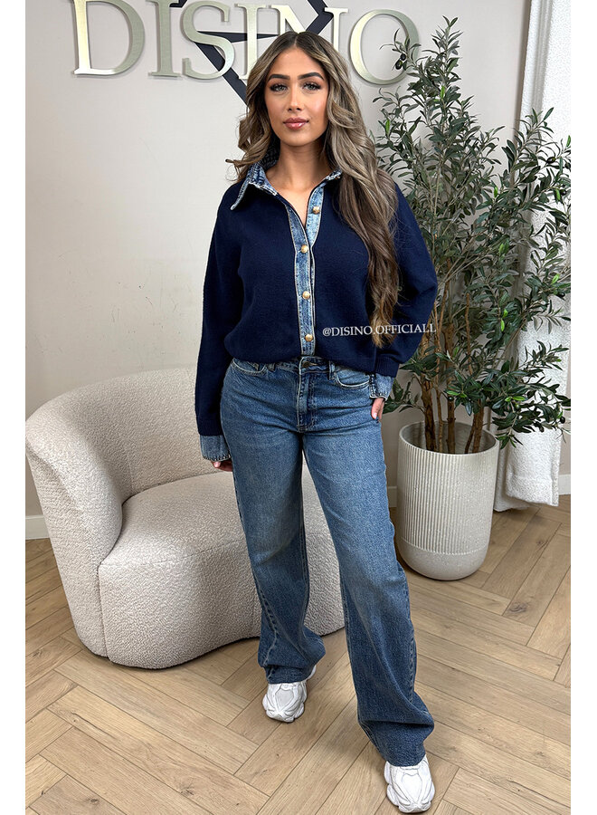 NAVY BLUE - 'NELIA KNIT' - DENIM SLEEVE OVERSIZED KNIT SWEATER