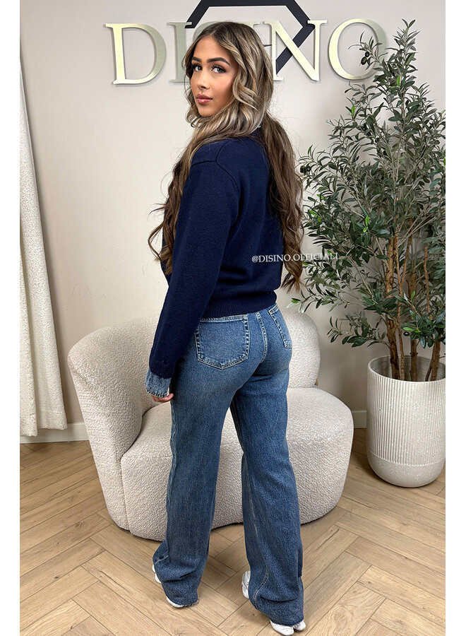 NAVY BLUE - 'NELIA KNIT' - DENIM SLEEVE OVERSIZED KNIT SWEATER