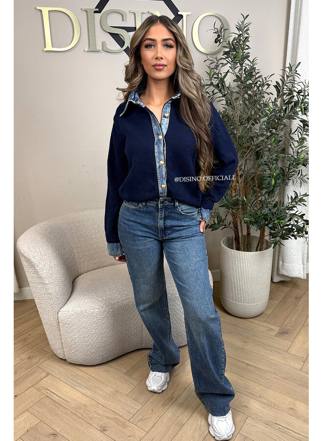 NAVY BLUE - 'NELIA KNIT' - DENIM SLEEVE OVERSIZED KNIT SWEATER