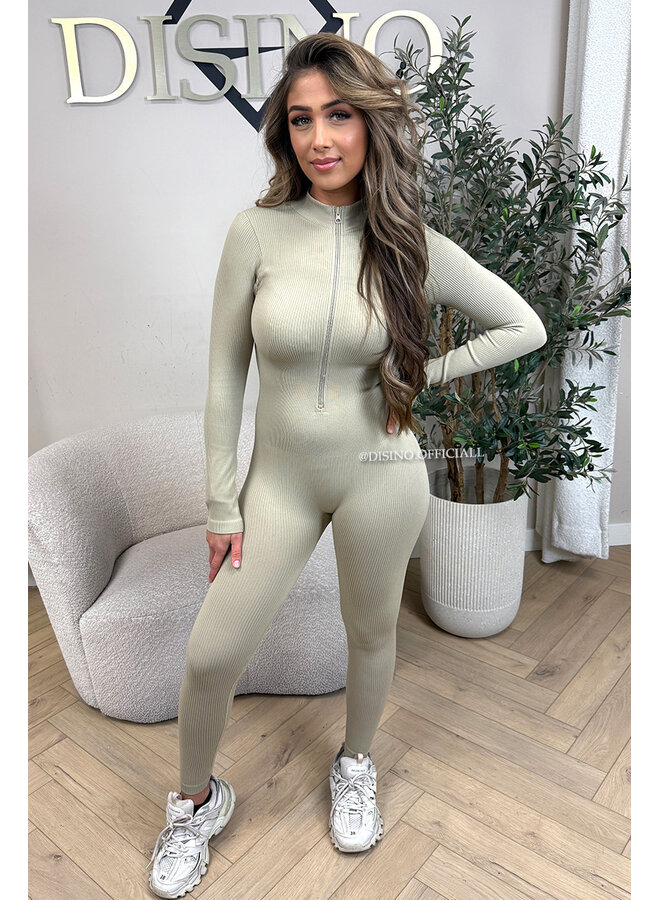 BEIGE - 'TYRA' - SUPER SHAPING RIBBED ZIPPER JUMPSUIT