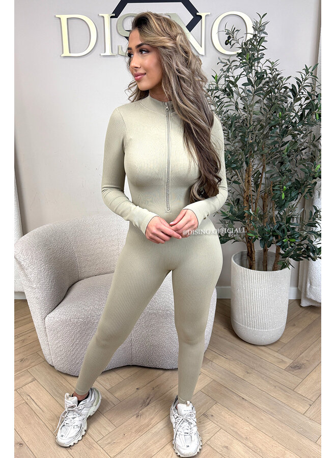 BEIGE - 'TYRA' - SUPER SHAPING RIBBED ZIPPER JUMPSUIT