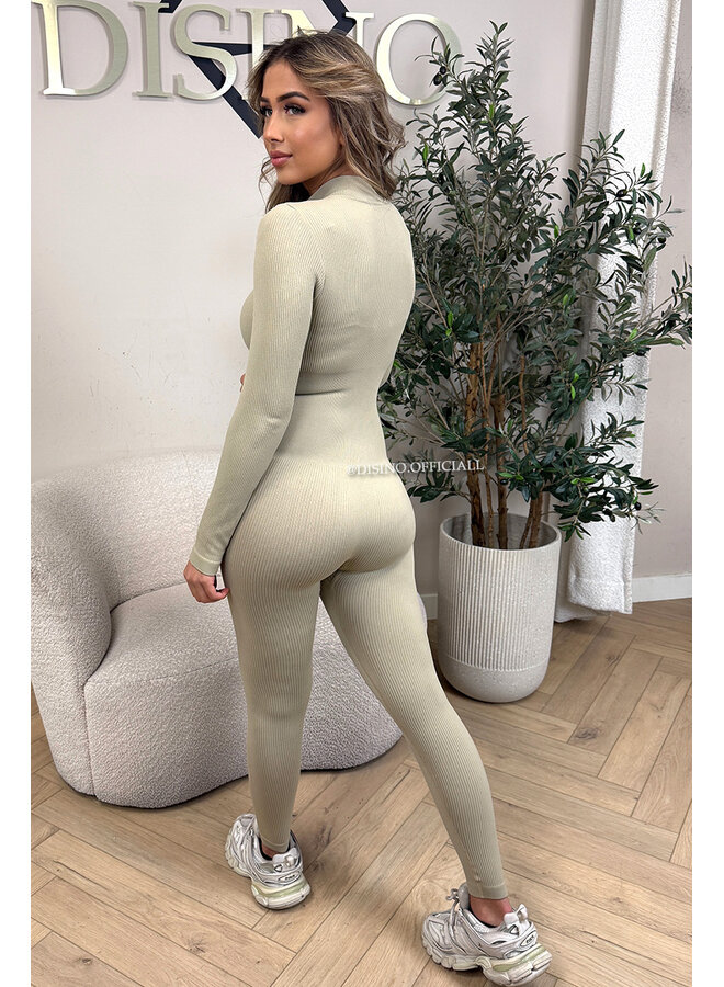 BEIGE - 'TYRA' - SUPER SHAPING RIBBED ZIPPER JUMPSUIT