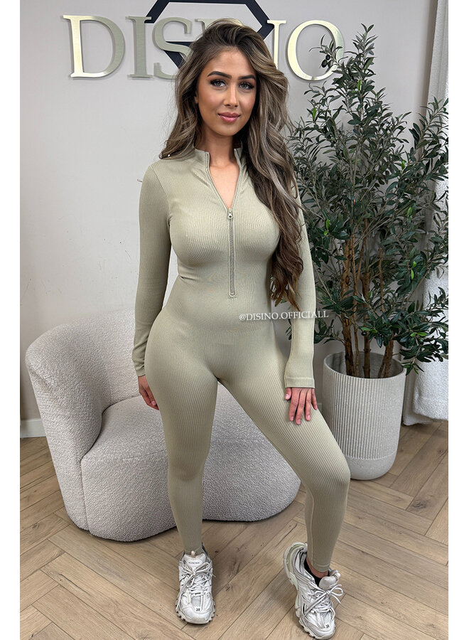 BEIGE - 'TYRA' - SUPER SHAPING RIBBED ZIPPER JUMPSUIT