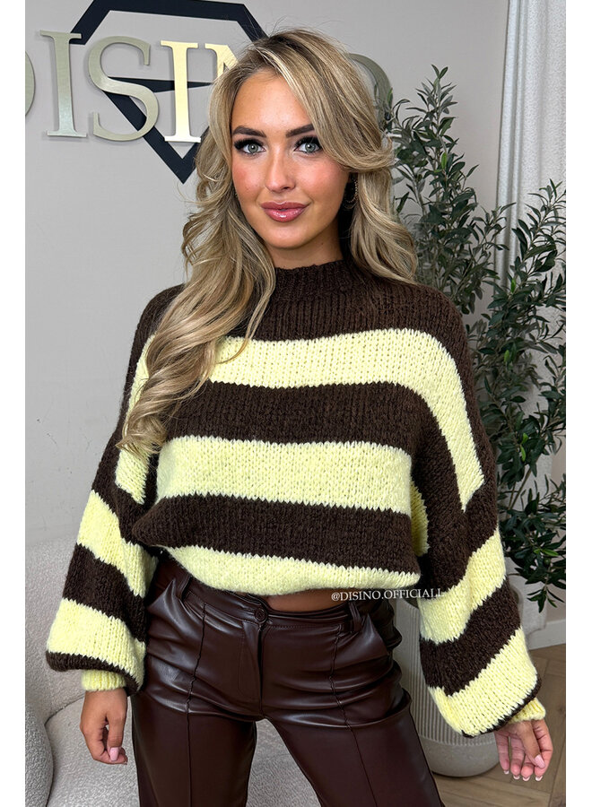 YELLOW/CHOCO - 'SOPHIA STRIPED KNIT' - OVERSIZED PREMIUM QUALITY BELL SLEEVE KNIT