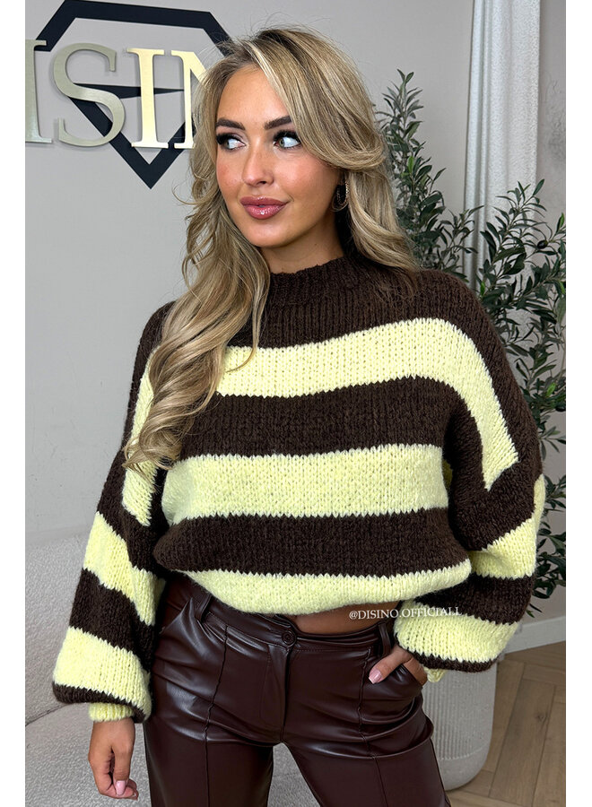 YELLOW/CHOCO - 'SOPHIA STRIPED KNIT' - OVERSIZED PREMIUM QUALITY BELL SLEEVE KNIT