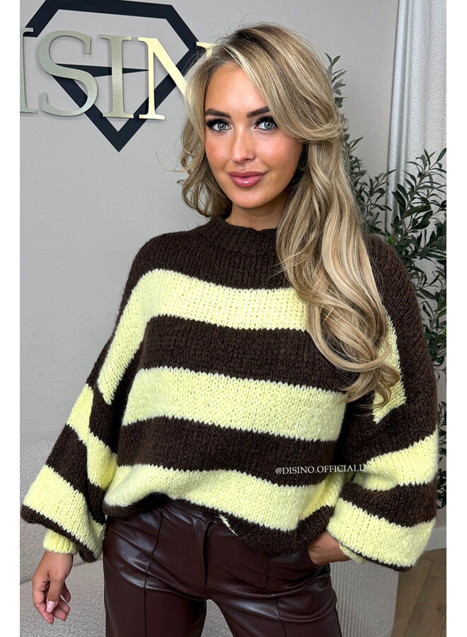 YELLOW/CHOCO - 'SOPHIA STRIPED KNIT' - OVERSIZED PREMIUM QUALITY BELL SLEEVE KNIT