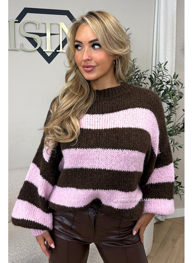 PINK/CHOCO - 'SOPHIA STRIPED KNIT' - OVERSIZED PREMIUM QUALITY BELL SLEEVE KNIT