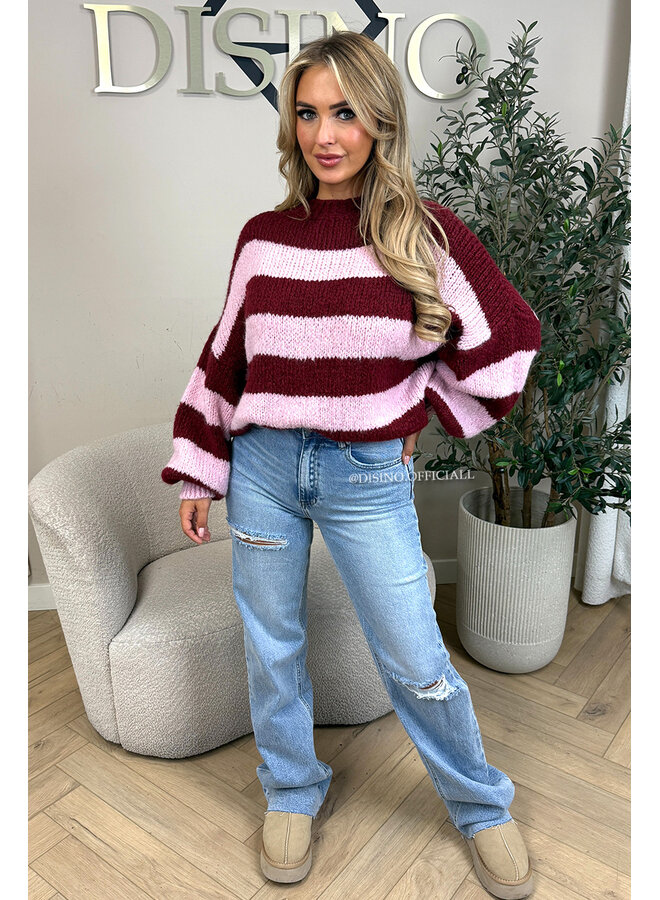 BORDEAUX/PINK - 'SOPHIA STRIPED KNIT' - OVERSIZED PREMIUM QUALITY BELL SLEEVE KNIT