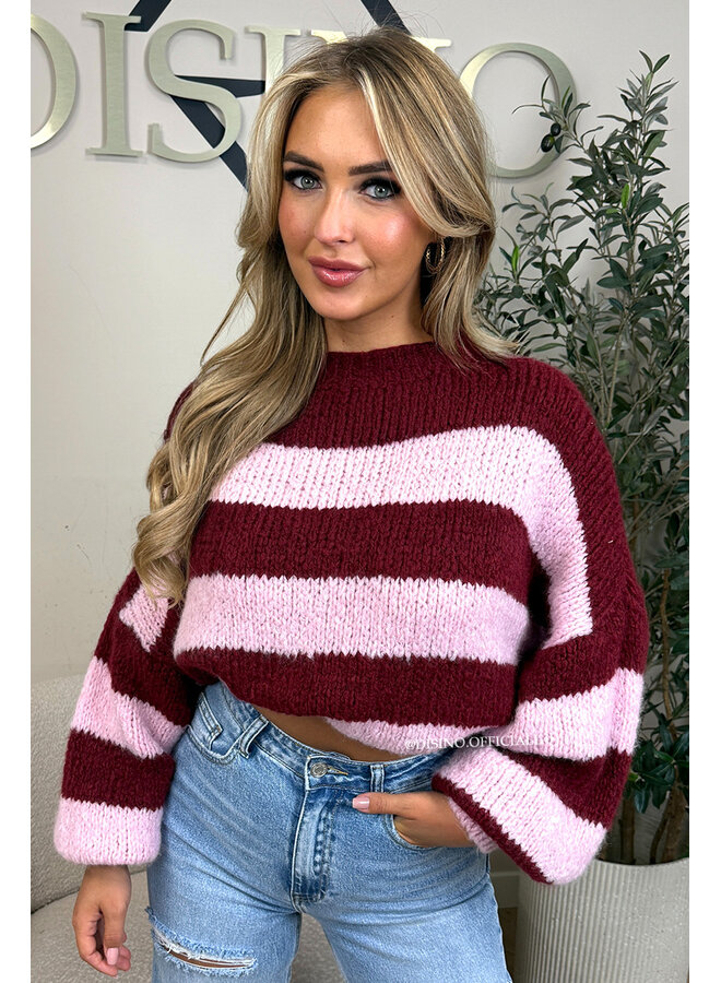 BORDEAUX/PINK - 'SOPHIA STRIPED KNIT' - OVERSIZED PREMIUM QUALITY BELL SLEEVE KNIT