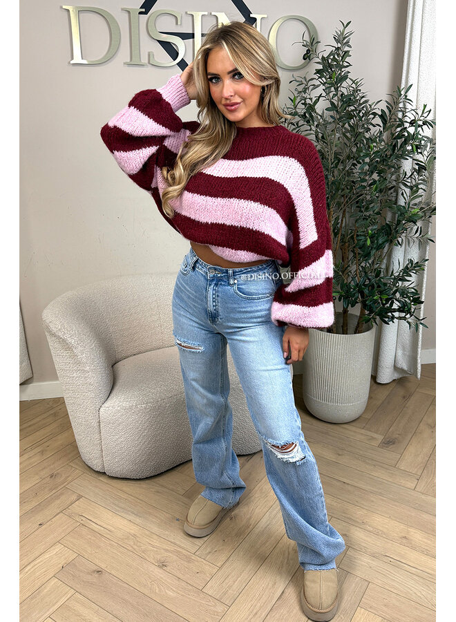 BORDEAUX/PINK - 'SOPHIA STRIPED KNIT' - OVERSIZED PREMIUM QUALITY BELL SLEEVE KNIT