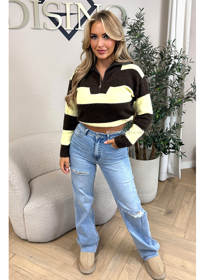 YELLOW - 'AVRIL' - PREMIUM QUALITY STRIPED ZIPPER KNIT SWEATER