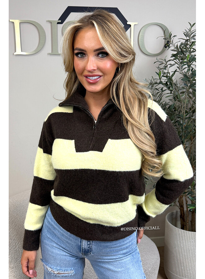 YELLOW - 'AVRIL' - PREMIUM QUALITY STRIPED ZIPPER KNIT SWEATER