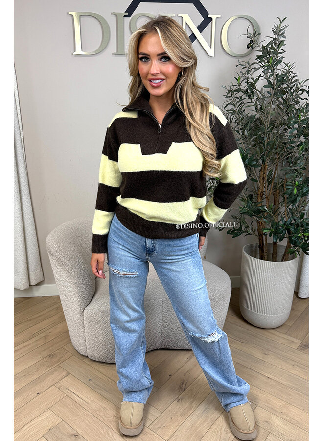 YELLOW - 'AVRIL' - PREMIUM QUALITY STRIPED ZIPPER KNIT SWEATER