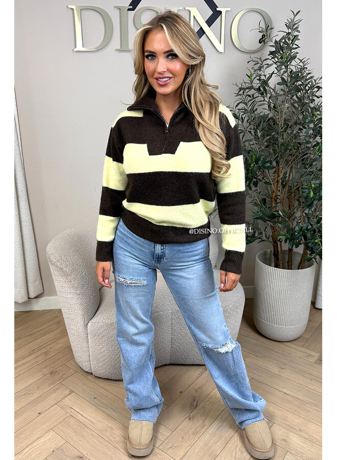 YELLOW - 'AVRIL' - PREMIUM QUALITY STRIPED ZIPPER KNIT SWEATER