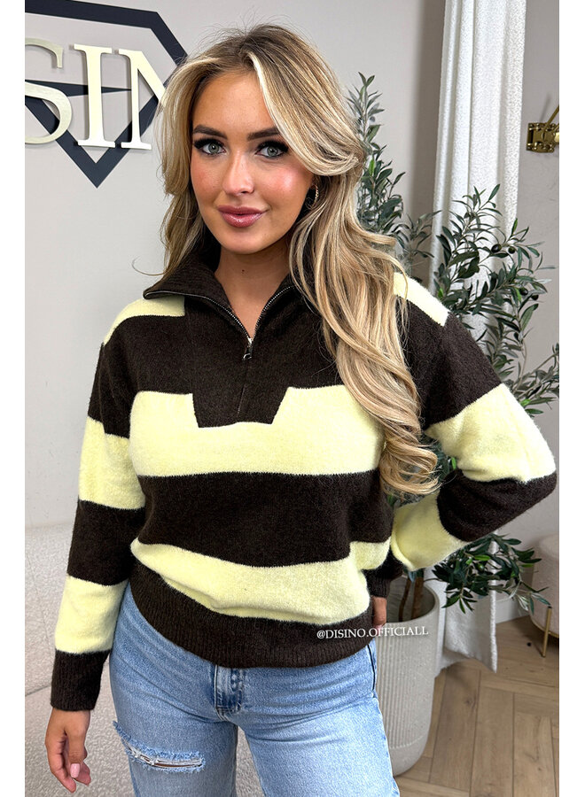 YELLOW - 'AVRIL' - PREMIUM QUALITY STRIPED ZIPPER KNIT SWEATER