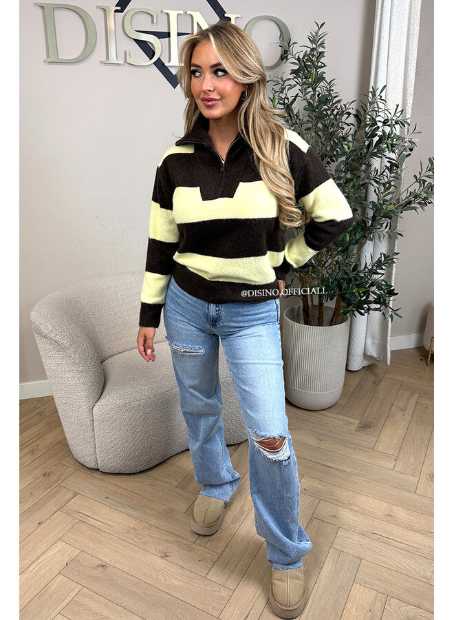 YELLOW - 'AVRIL' - PREMIUM QUALITY STRIPED ZIPPER KNIT SWEATER