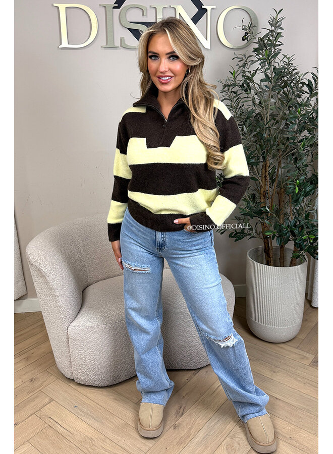 YELLOW - 'AVRIL' - PREMIUM QUALITY STRIPED ZIPPER KNIT SWEATER
