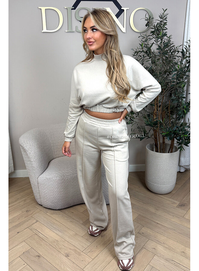 BEIGE - 'EVI SET' - PREMIUM QUALITY WIDE LEG + SWEATER TWO PIECE SET