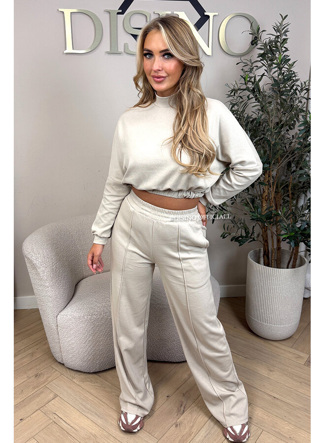 BEIGE - 'EVI SET' - PREMIUM QUALITY WIDE LEG + SWEATER TWO PIECE SET
