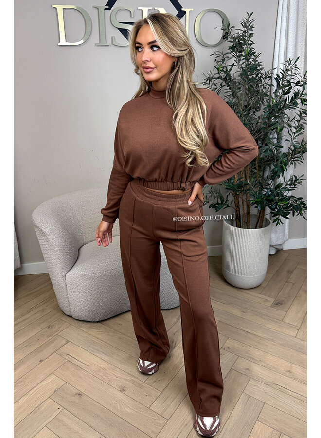 BROWN - 'EVI SET' - PREMIUM QUALITY WIDE LEG + SWEATER TWO PIECE SET
