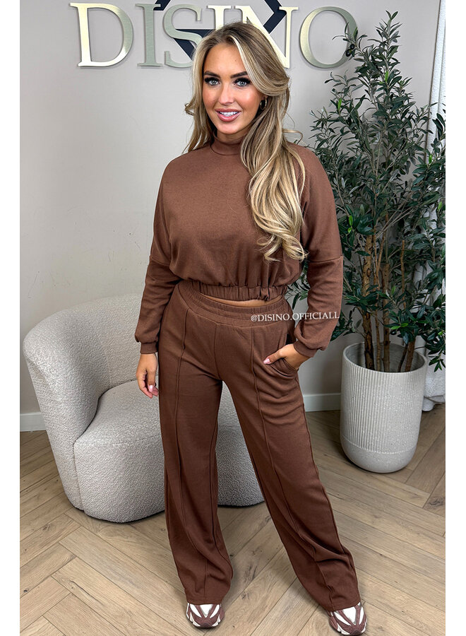 BROWN - 'EVI SET' - PREMIUM QUALITY WIDE LEG + SWEATER TWO PIECE SET