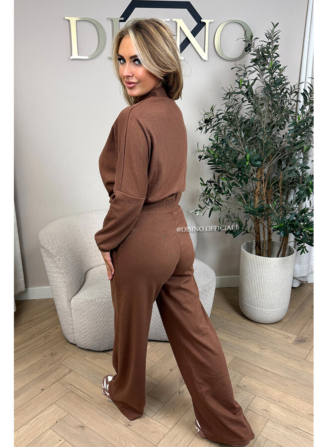 BROWN - 'EVI SET' - PREMIUM QUALITY WIDE LEG + SWEATER TWO PIECE SET
