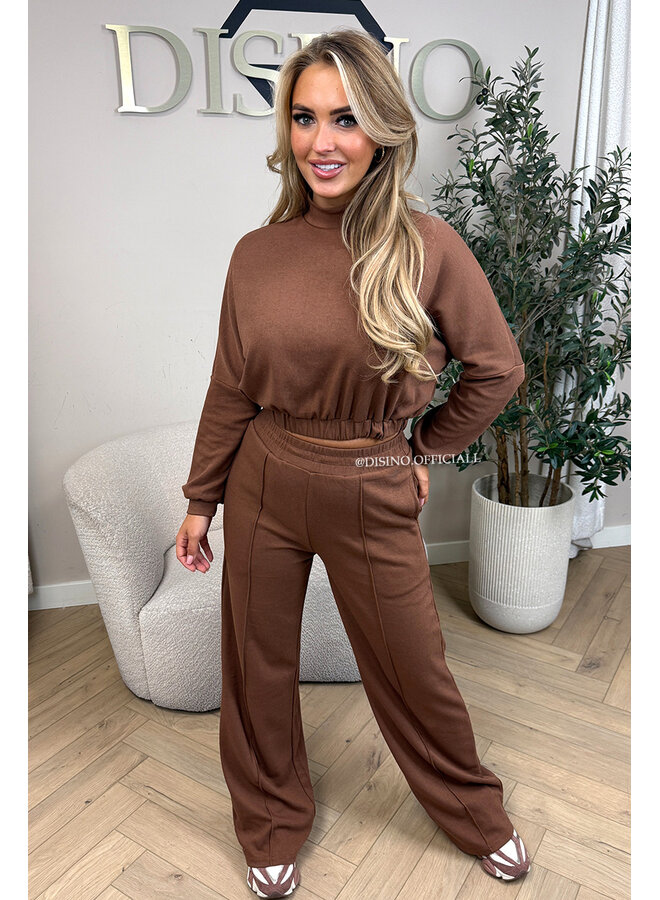BROWN - 'EVI SET' - PREMIUM QUALITY WIDE LEG + SWEATER TWO PIECE SET