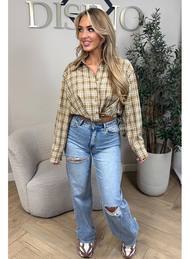 BEIGE - 'NENA BLOUSE' - CHECKED CROPPED BLOUSE