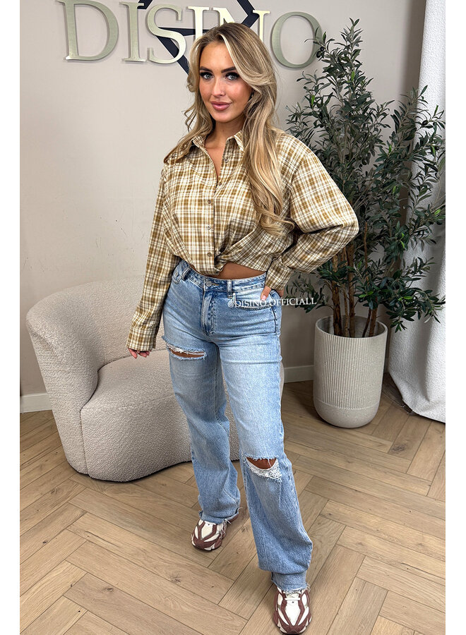 BEIGE - 'NENA BLOUSE' - CHECKED CROPPED BLOUSE