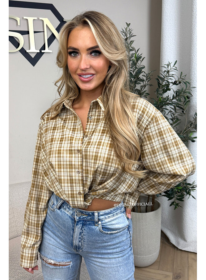 BEIGE - 'NENA BLOUSE' - CHECKED CROPPED BLOUSE